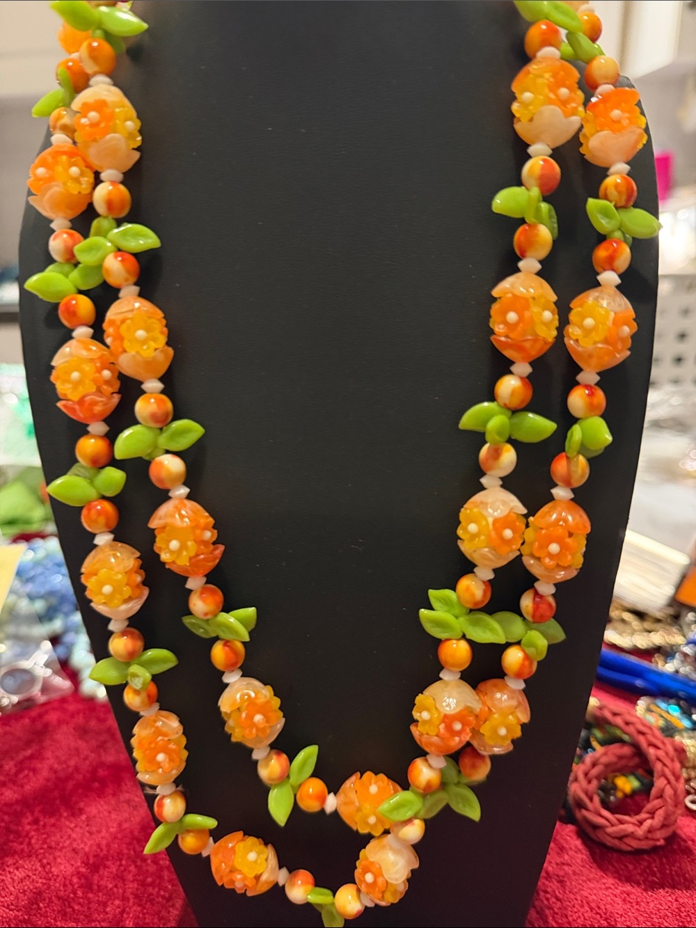 Vintage Hong Kong Orange/Green Floral Bead Necklace 46” can be doubled like new